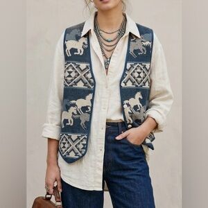 DRESS BARN Vintage 90s Horse Tapestry Blanket Western Vest Blue Cotton